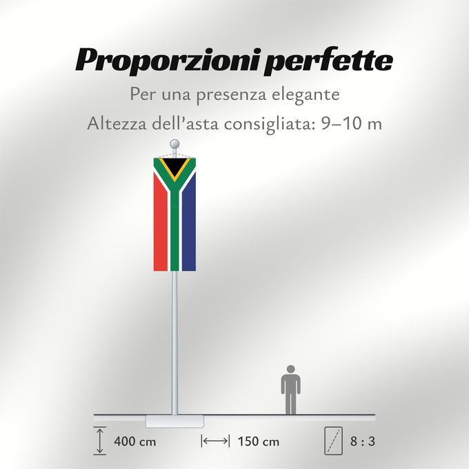 Proporzioni della bandiera: South Africa Afrique du Sud Sudáfrica Südafrika Sudafrica South África Used color National flag | South African Government and Pantone Color Picker green rendered as RGB 000 119 073Pantone 3415 C yellow rendered as RGB 255 184 028Pantone 1235 C