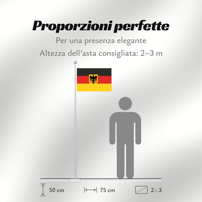 Proporzioni della bandiera: Germany  state	Bundesdienstflagge  Flag of the federal authorities of Germany	Allemagne	La Bundesdienstflagge está reservada para las autoridades federales alemanas	Die Bundesdienstflagge ist den deutschen Bundesbehörden vorbehalten	Germania
