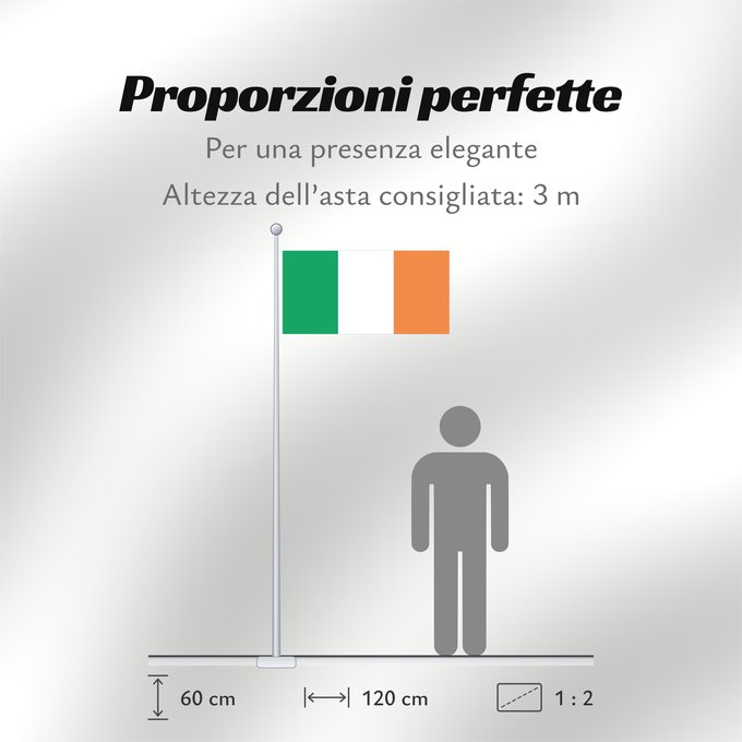 Proporzioni della bandiera: Ireland	Note that the green portion of the flag was designed to represent the majority Catholic residents of the island	La partie verte du drapeau représente la majorité catholique de l île	Es notable el hecho que la parte verde de la bandera representa l