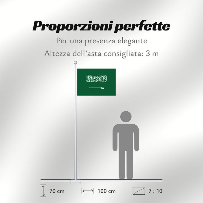 Proporzioni della bandiera: Civil Ensign of Saudi Arabia obverse Saudi Arabia Arabie saoudite Arabia Saudita Saudi-Arabien الشعار المدني في الأعلى على الركن الأيمن للعلم، ومعدل التناسب ٢ ٣