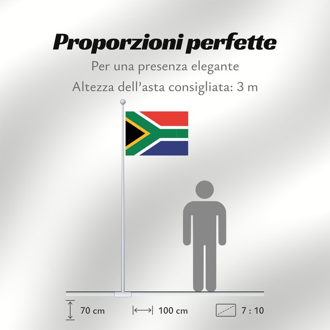 Proporzioni della bandiera: South Africa Afrique du Sud Sudáfrica Südafrika Sudafrica South África Used color National flag | South African Government and Pantone Color Picker green rendered as RGB 000 119 073Pantone 3415 C yellow rendered as RGB 255 184 028Pantone 1235 C