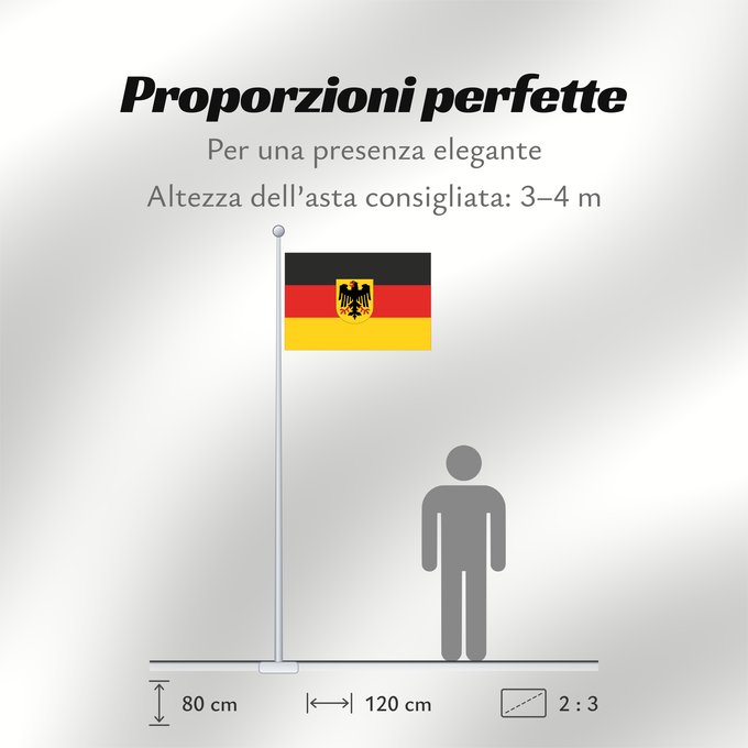 Proporzioni della bandiera: Germany state Bundesdienstflagge Flag of the federal authorities of Germany Allemagne La Bundesdienstflagge está reservada para las autoridades federales alemanas Die Bundesdienstflagge ist den deutschen Bundesbehörden vorbehalten Germania