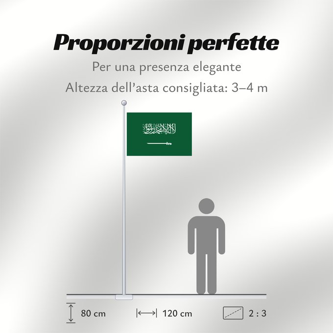 Proporzioni della bandiera: Civil Ensign of Saudi Arabia  obverse	Saudi Arabia	Arabie saoudite	Arabia Saudita	Saudi-Arabien	الشعار المدني في الأعلى على الركن الأيمن للعلم، ومعدل التناسب ٢ ٣