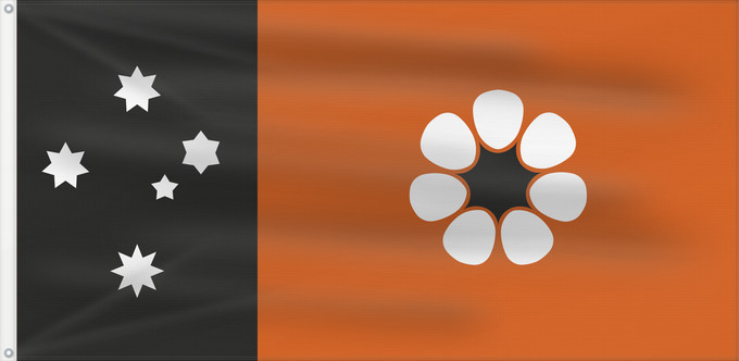 Bandera, con dos ojales metálicos y lado del asta reforzado: Northern Territory	Northern Territory  adopted on July 1, 1978 on the first day of self-government  was designed by the Australian artist Robert Ingpen	Territoire du Nord	Territorio del Norte
