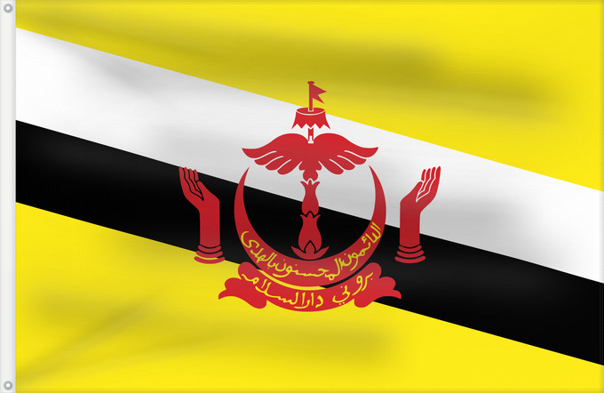 Bandera, con dos ojales metálicos y lado del asta reforzado: Brunei	Brunei Darussalam	Brunéi	علم بروناي	Bruneis	Brunein	브루나이의 국기	Bruney	Brunei / بنديرا بروني	ဘရူနိုင်းနိုင်ငံ၏ အလံတော်	Флаг Брунея	Bruneja	புரூணை கொடி	ธงชาติบรูไนดารุสซาลาม	Watawat Brunay	Cờ Brunei	​文莱国旗