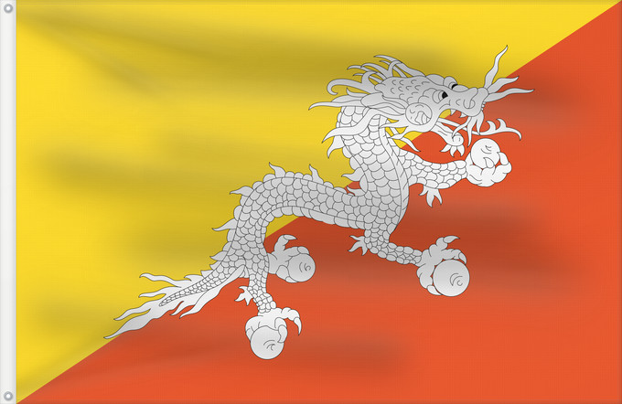 Bandera, con dos ojales metálicos y lado del asta reforzado: Bhutan Bhoutan Bután Butão علم بوتان ভূটানের পতাকা ཧྥ་རན་ས་ཀྱི་དར་ཆ། Bhutani lipp Bhutanin Watawat ng Bhutan भूटान का ध्वज Флаг Бутана Butana Bhutans Bhutanu ธงชาติ ประเทศภูฏาน