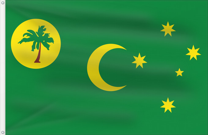 Bandera, con dos ojales metálicos y lado del asta reforzado: Cocos  Keeling  Islands	Cocos (Keeling) Islands	îles Cocos, utilisation non-officielle. Ratio 1 2	Islas Cocos	Kokosinseln	Isole Cocos	La Kokosinsuloj, uzo ne oficiala