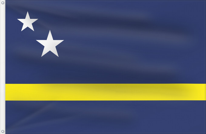 Drapeau, avec deux œillets métalliques et guindant renforcé : Curaçao	Curazao	Curacao	Curaçao is a blue field with a horizontal yellow stripe slightly below the midline and two white