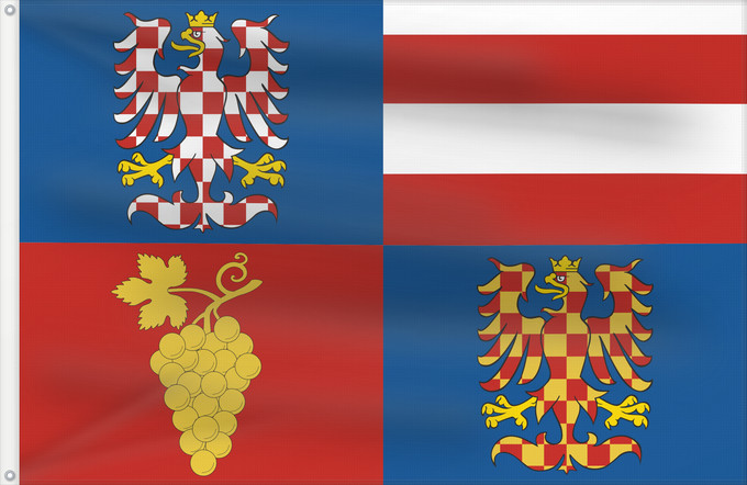 Bandera, con dos ojales metálicos y lado del asta reforzado: South Moravian Region	Région de Moravie du Sud)	Región de Moravia Meridional	Südmährische Region	Moravia meridionale	Jihomoravského kraje