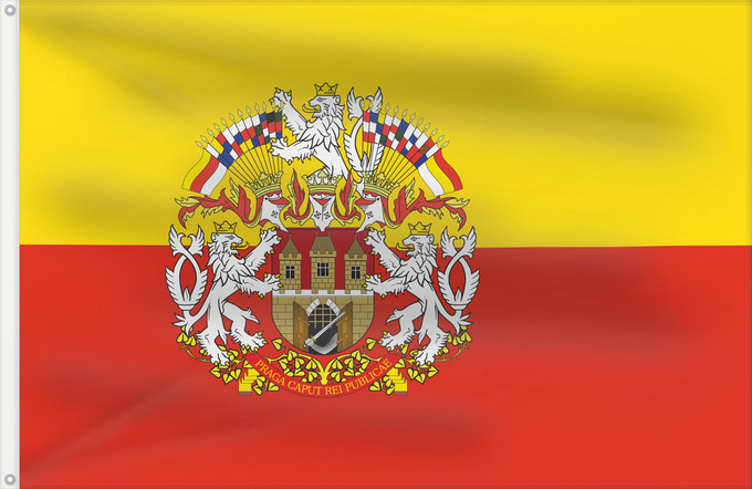Bandera, con dos ojales metálicos y lado del asta reforzado: Prague flag with CoA Prague flag with coats of arms Prague Praga Prahy se znakem Prahy