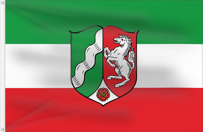 Flag, with two metal eyelets and reinforced hoist: North Rhine-Westphalia	Civil flag of North Rhine-Westphalia	Rhénanie-du-Nord - Westphalie	Renania del Norte-Westfalia	Landesflagge Nordrhein-Westfalens	Renania settentrionale-Westfalia	Banniel Nordrhein-Westfalen