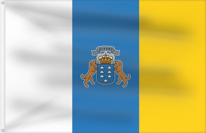 Bandera, con dos ojales metálicos y lado del asta reforzado: Canary Islands	Communauté autonome des îles Canaries  Espagne	Comunidad Autónoma de Canarias  España	Kanarischen Inseln	Isole Canarie	カナリア諸島自治州の州旗。