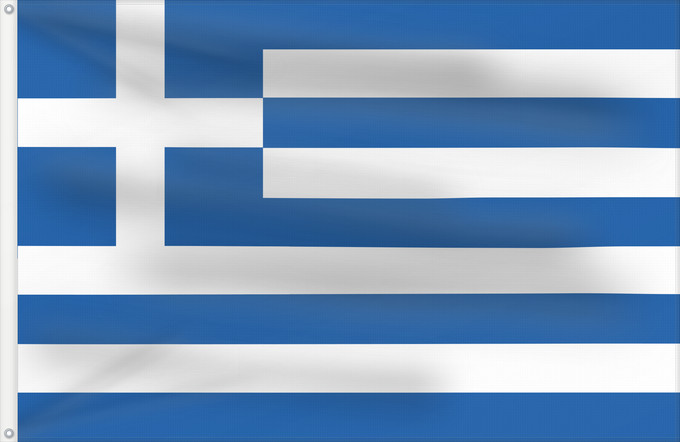 Flag, with two metal eyelets and reinforced hoist: Greece Greece since 1978 and Naval Ensign of Greece since 1828 Grèce depuis 1978 et insigne naval de la Grèce depuis 1828 Grecia Griechenland Griekenland Grécia Grecji Yunanıstan Знаме на Гърция গ্রীসদেশীয় পতাকা Banniel Gres Řecká vlajka Gwlad Groe