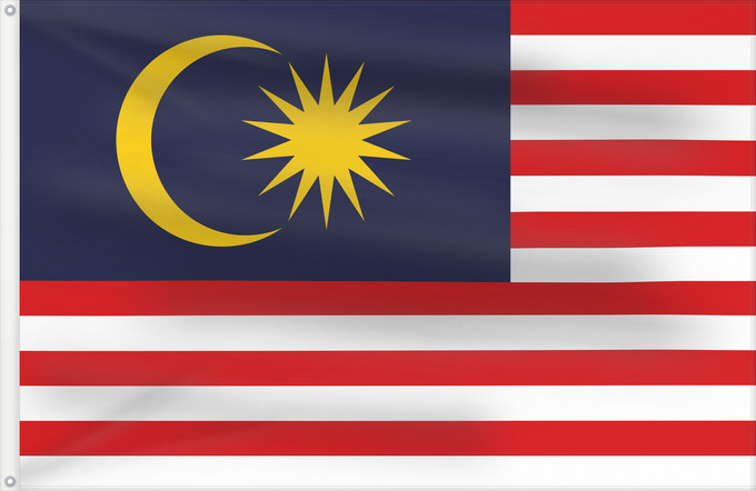 Drapeau, avec deux œillets métalliques et guindant renforcé : Malaysia	Malaysia – Jalur Gemilang  Stripes of Glory	Malaisie	Malasia	علم ماليزيا	Malaysia / بنديرا مليسيا	Malajzio	Malaisia lipp	Watawat ng Malaysia	​Mâ-lòi-sî-â koet-khì	馬来西亜の国旗	ទង់ជាតិម៉ាឡេស៊ី	Malaysi	ທຸງຊາດມາເລເຊຍ	​馬來西亞之國旗	Malaysia – Jalur Gemilang / 