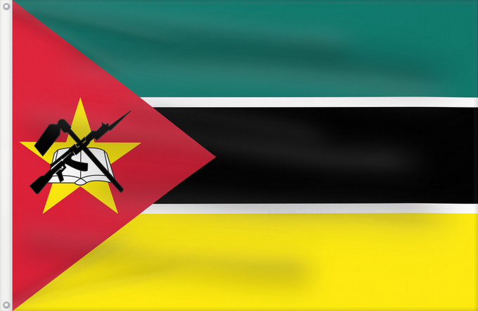 Bandera, con dos ojales metálicos y lado del asta reforzado: Mozambique	Mosambik	Mozambico	Moçambique	علم موزمبيق	Mozambiko	Mozambikas Republikas	Sainan i Maozambika	Флаг Мозамбика	Mozambika	Musaanbiiq	Moçambiques	Msumbiji