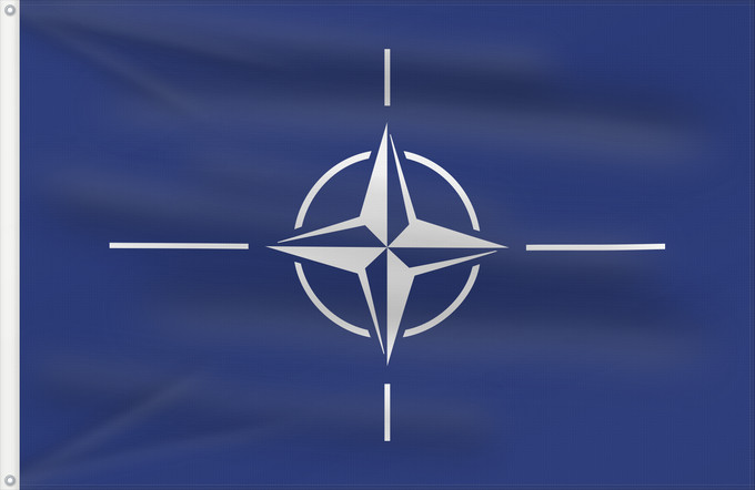 Flag, with two metal eyelets and reinforced hoist: NATO North Atlantic Treaty Organization NATO L Organisation du traité de l Atlantique nord OTAN Organización del Tratado del Atlántico Norte OTAN Organizazione/ North Atlantic Starts Treaty Dell Organizzazione del Trattato dell Atlantico del Nord NATO