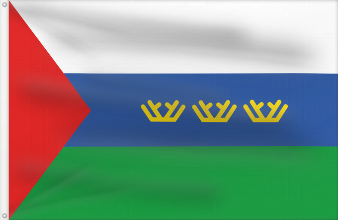 Bandera, con dos ojales metálicos y lado del asta reforzado: Tyumen Oblast Oblast de Tioumen Óblast de Tiumén Oblast Tjumen