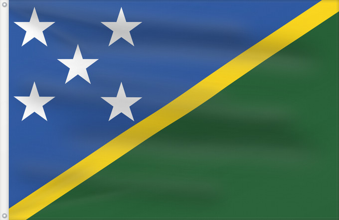 Drapeau, avec deux œillets métalliques et guindant renforcé : Solomon Islands	îles Salomon	Islas Salomón	Salomonen	Isole Salomone	Salomonseilanden	Ynysoedd Solomon	Oileán Sholamón	Brattagh ny h-Ellanyn Holomon	Ynysow Salamon	The Solomon Islands	Salomonovih otokih