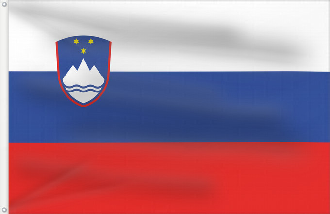Bandera, con dos ojales metálicos y lado del asta reforzado: Slovenia	Slovénie	Eslovenia	Slowenien	Slovenië	Słowenii	Сцяг Славеніі	Slovenije	D Eslovènia	Slovinská vlajka	Флаг Словении	Прапор Словенії