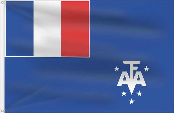 Bandera, con dos ojales metálicos y lado del asta reforzado: French Southern and Antarctic Lands	En French Southern and Antarctic Lands	Terres australes et antarctiques françaises	Administrador Superior de los Territorios Australes Franceses	Französische Süd- und Antarktisgebiete	Territori francesi meridionali	Fran