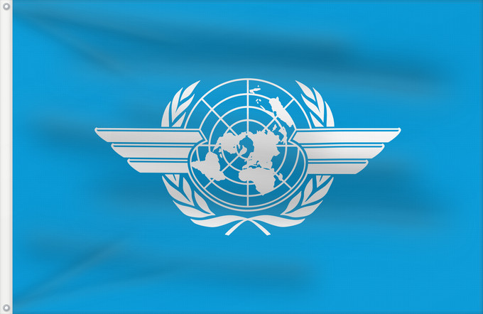 Bandera, con dos ojales metálicos y lado del asta reforzado: ICAO	International Civil Aviation Organization	L Organisation de l aviation civile internationale