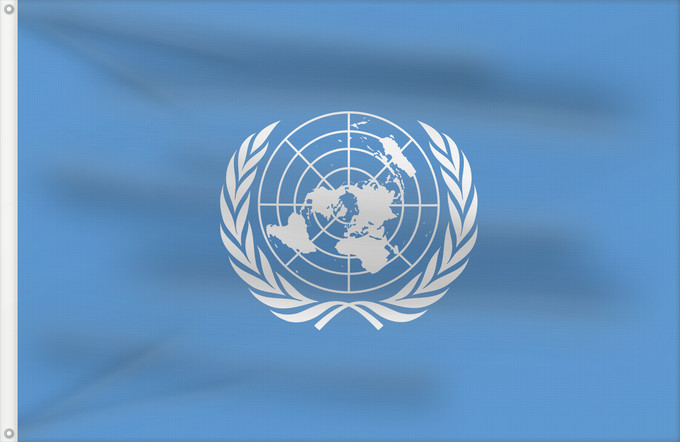 Drapeau, avec deux œillets métalliques et guindant renforcé : United Nations	United Nations, UN	Nations unies	Naciones Unidas	Vereinten Nationen	Nazioni Unite, ONU	Verenigde Naties	Das nações unidas	Organizacji Narodów Zjednoczonych  ONZ	علم الأمم المتحدة	Сцяг Арганізацыі Аб яднаных Нацый	Сьцяг Арганізацыі Аб яднаны