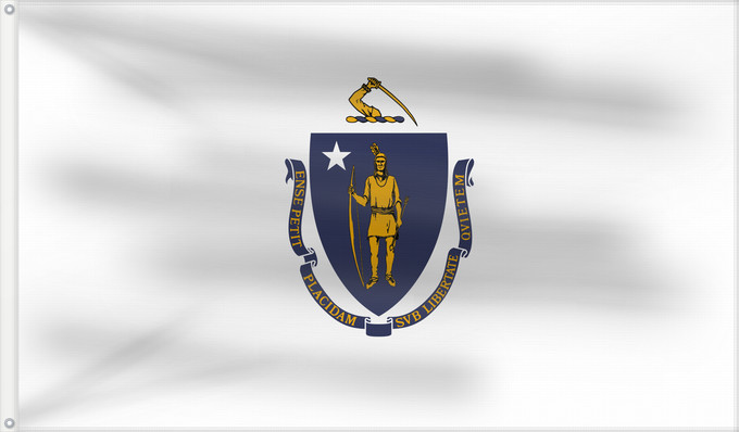 Bandera, con dos ojales metálicos y lado del asta reforzado: Massachusetts ᎺᏌᏧᏎᏗ ᎦᏓᏘ Ka hae Makakukeka Massachusettæ Méésíchóoshish Hahoodzo bidah naatʼaʼí Amerikaanischen Bunneschteet Massachusetts Флаг Массачусетса Američke savezne države Massachusetts