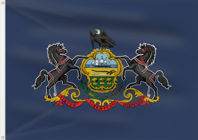 Drapeau, avec deux œillets métalliques et guindant renforcé : Pennsylvania Pennsylvanie Pensilvania Pennsylvanien ᎤᎩᏓᎵᏱ ᎦᏓᏘ Ka hae Penekelewinia ペンシルベニア州の旗 中文:賓夕法尼亞州州旗 Pennsilvaniae Pénsówéíniyah Hahoodzo bidah naatʼaʼí Pennsilfaani Флаг Пенсильвании Američke savezne države Pennsylvanie Pennsylvanias 賓夕法尼亞州州旗