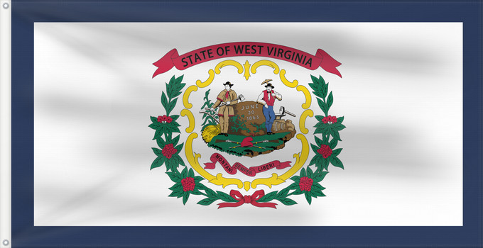Flagge, mit zwei Metallösen und verstärktem Besatzband: West Virginia	Virginie-Occidentale	Virginia Occidental	Virginia Occidentale	ᏫᏍᎧᏂᏏᏂ ᎦᏓᏘ	Wilikinia Komohana	Virginia Occidentalis	Eʼeʼaahjí Bijiniyah Hahoodzo bidah naatʼaʼí	Wescht Wirschini	Флаг Западной Виргинии	Застава Западне Вирџиније