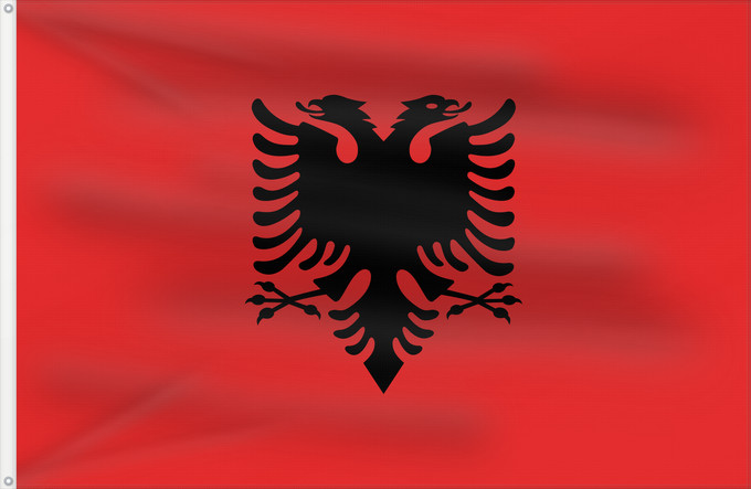 Bandera, con dos ojales metálicos y lado del asta reforzado: Albania	L Albanie	Albanien	Dell Albania	علم ألبانيا	Albanije	Σημαία της Αλβανίας	Albanio	Albanian	Drapél de l’Albanie	Albánia	Ala Albanyayê	Albaniae	Albanesche Fändel	Знаме на Албанија	Albaniei	Флаг Албании	S Albania	Bannera di Albanìa	Albánska	I Shqipëri