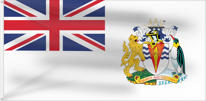 Bandiera, con due occhielli metallici e lato dell'asta rinforzato: British Antarctic Territory	Territoire antarctique britannique	Territorio Antártico Británico	Britisches Antarktis-Territorium	Territorio antartico britannico	Bryttisca Antarctisca Landscipes	Tiriogaeth Brydeinig yr Antarctig	The Breetish Antarctic Territ