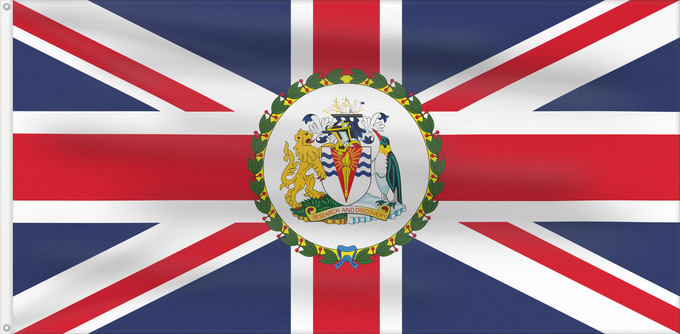 Bandera, con dos ojales metálicos y lado del asta reforzado: Commissioner of the British Antarctic Territory Commissaire du Territoire antarctique britannique Comisionado del Territorio Antártico Británico Kommissar des Britischen Antarktis-Territoriums Commissario del Territorio Antartico Britannico British Antarc