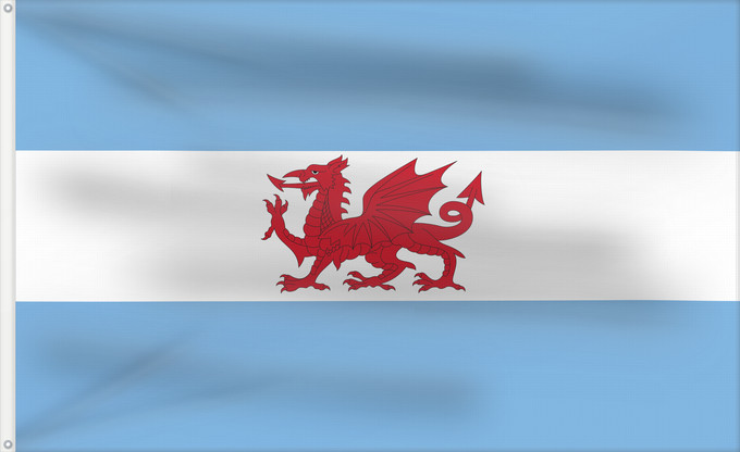 Flagge, mit zwei Metallösen und verstärktem Besatzband: Welsh colony in Patagonia	Colonie galloise en Patagonie	Colonia Galesa de la Patagonia. Más información	Waliser Kolonie in Patagonien	Colonia gallese in Patagonia	Porth Madryn  Y Wladfa