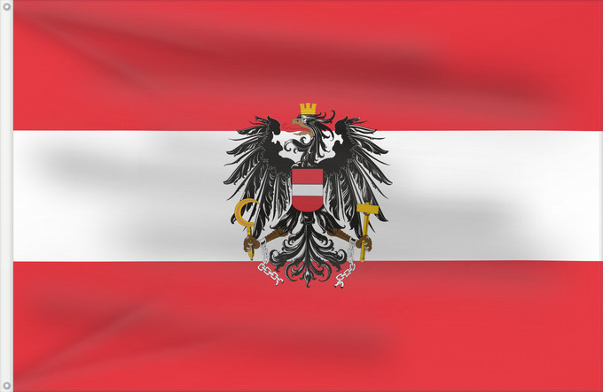 Bandera, con dos ojales metálicos y lado del asta reforzado: Austria  state, variant	State flag of Austria; Version with a more artistic version of the coat of arms	Autriche (drapeau d'État de service, variante)	Austria (bandera estatal de servicio, variante)	Dienstflagge der Republik Österreich; Variante mit künst