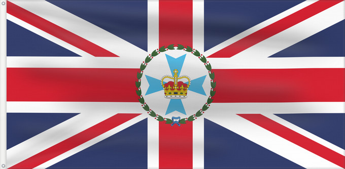 Bandera, con dos ojales metálicos y lado del asta reforzado: Governor of Queensland	Gouverneur du Queensland	Gobernador de Queensland	Gouverneur von Queensland	Governatore del Queensland