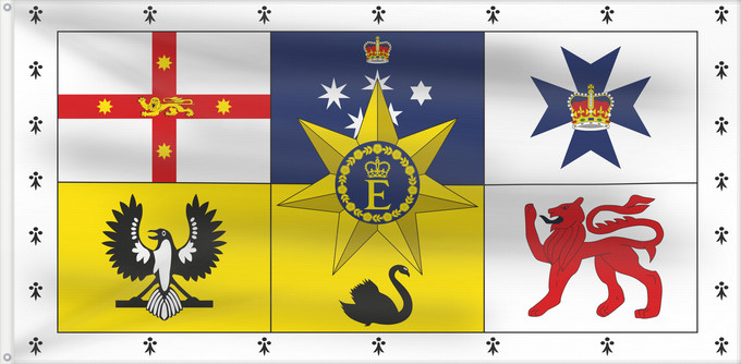 Bandera, con dos ojales metálicos y lado del asta reforzado: Royal Standard of Australia  1962–2022	Queen Elizabeth II s personal flag for Australia	Étendard Royal d'Australie (1962–2022)	Estandarte Real de Australia (1962–2022)	Königsstandarte von Australien (1962–2022)	Stendardo Reale d'Australia (1962–2022)