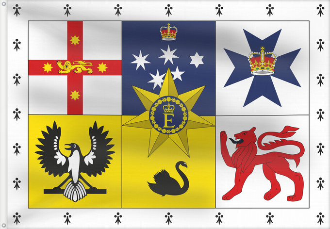 Drapeau, avec deux œillets métalliques et guindant renforcé : Royal Standard of Australia  1962–2022; 31-22 aspect	King Charles III s personal flag for Australia	Étendard Royal d'Australie (1962–2022; 31-22)	Estandarte Real de Australia (1962–2022; 31-22)	Königsflagge von Australien (1962–2022; 31-22 Verhältnis)	Ste
