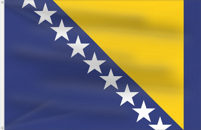 Flag, with two metal eyelets and reinforced hoist: Bosnia and Herzegovina	Bosnie-Herzégovine	Bosnia y Herzegovina	Bosnien und Herzegowina	Bosnia-Erzegovina	Bosnië en Herzegovina	Bośni i Hercegowiny	علم البوسنة والهرسك	Bosne i Hercegovine	Bosny a Hercegoviny	Боснꙑ ꙁнамѧ / Ⰱⱁⱄⱀⱏⰺ ⰸⱀⰰⰿⱔ	Bosnien-Hercegovinas	