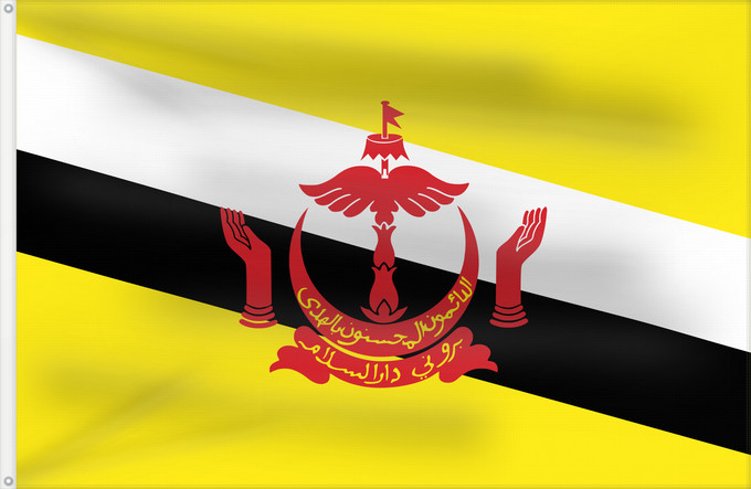 Drapeau, avec deux œillets métalliques et guindant renforcé : Brunei	Brunei Darussalam	Brunéi	علم بروناي	Bruneis	Brunein	브루나이의 국기	Bruney	Brunei / بنديرا بروني	ဘရူနိုင်းနိုင်ငံ၏ အလံတော်	Флаг Брунея	Bruneja	புரூணை கொடி	ธงชาติบรูไนดารุสซาลาม	Watawat Brunay	Cờ Brunei	​文莱国旗