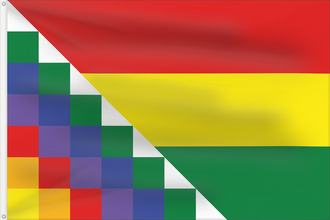 Bandera, con dos ojales metálicos y lado del asta reforzado: Proposed flag of Bolivia	Possible proposal of Evo Morales for a new flag of Bolivia	Diseño de posible bandera propuesta por Evo Morales para Bolivia