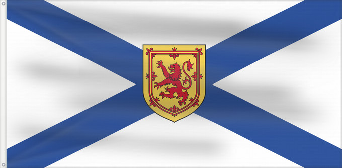 Drapeau, avec deux œillets métalliques et guindant renforcé : Nova Scotia Nouvelle-Écosse Nueva Escocia Banniel proviñs Skos-Nevez Nova Scotia