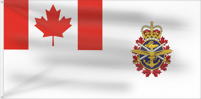 Drapeau, avec deux œillets métalliques et guindant renforcé : Canadian Forces	Joint service flag of the Canadian Forces	Drapeau de service interarmées des Forces canadiennes	Bandera de servicio conjunto de las Fuerzas Canadienses	Gemeinsame Dienstflagge der kanadischen Streitkräfte	Bandiera di servizio congiunto del