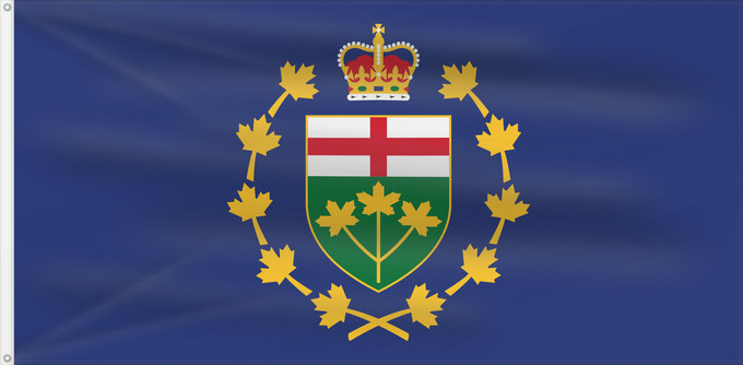 Drapeau, avec deux œillets métalliques et guindant renforcé : Lieutenant-Governor of Ontario	Lieutenant-gouverneur de Ontario	Teniente Gobernador de Ontario	Lieutenantgouverneur von Ontario	Luogotenente Governatore dell'Ontario