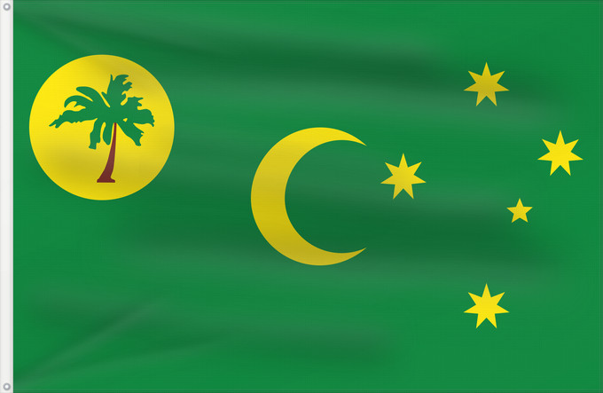 Bandera, con dos ojales metálicos y lado del asta reforzado: Cocos  Keeling  Islands	Cocos (Keeling) Islands	îles Cocos, utilisation non-officielle. Ratio 1 2	Islas Cocos	Kokosinseln	Isole Cocos	La Kokosinsuloj, uzo ne oficiala