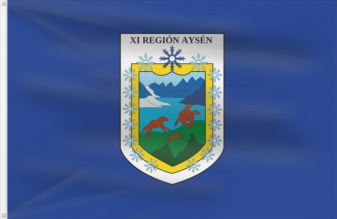 Bandera, con dos ojales metálicos y lado del asta reforzado: Aysen, Chile blue version Aysen Region, Chile versión azul Région de Aysén, Chili (version bleue) XI Región de Aisén del General Carlos Ibáñez del Campo Region Aysén, Chile (blaue Version) Regione di Aysén, Cile (versione blu)