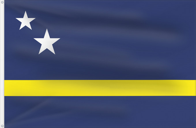 Drapeau, avec deux œillets métalliques et guindant renforcé : Curaçao	Curazao	Curacao	Curaçao is a blue field with a horizontal yellow stripe slightly below the midline and two white