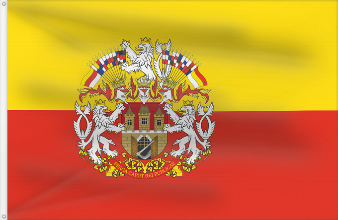 Bandera, con dos ojales metálicos y lado del asta reforzado: Prague flag with CoA	Prague flag with coats of arms	Prague	Praga	Prahy se znakem Prahy