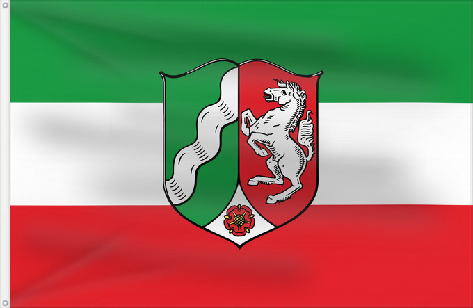 Bandera, con dos ojales metálicos y lado del asta reforzado: North Rhine-Westphalia Civil flag of North Rhine-Westphalia Rhénanie-du-Nord - Westphalie Renania del Norte-Westfalia Landesflagge Nordrhein-Westfalens Renania settentrionale-Westfalia Banniel Nordrhein-Westfalen