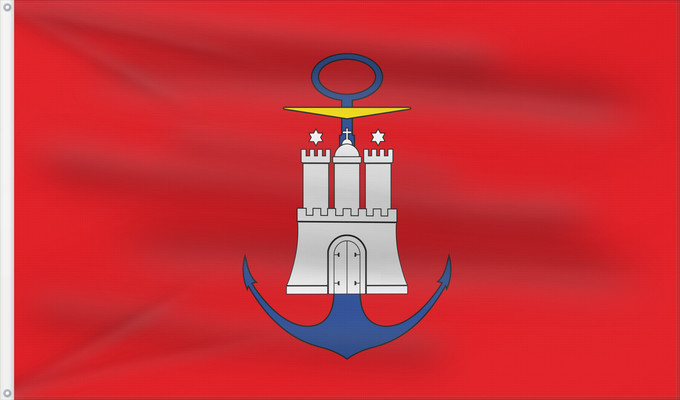 Flag, with two metal eyelets and reinforced hoist: Admiralty flag of Hamburg Admiralty flag of Hamburg; for State Shipping Buildings Admiralitätsflagge Hamburgs; wird auf Staatsgebäuden gesetzt