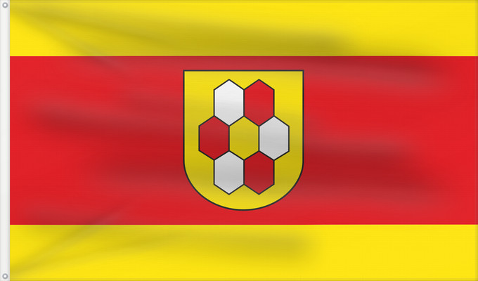 Flag, with two metal eyelets and reinforced hoist: Bergkamen City of Bergkamen Ville de Bergkamen Stadt Bergkamen Gelb/Rot/Gelb im Verhältnis 1 3 1 längs gestreift gemeint ist quergestreift mit dem Stadtwappen in der Mitte